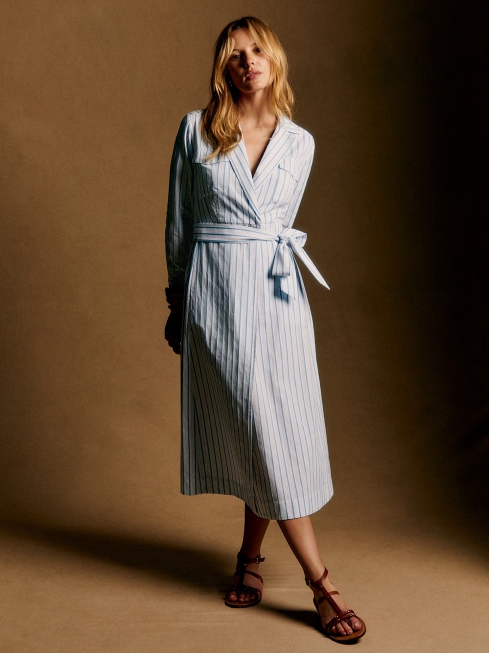 Sézane Filomena Striped Wrap Midi Dress in Light Blue & White